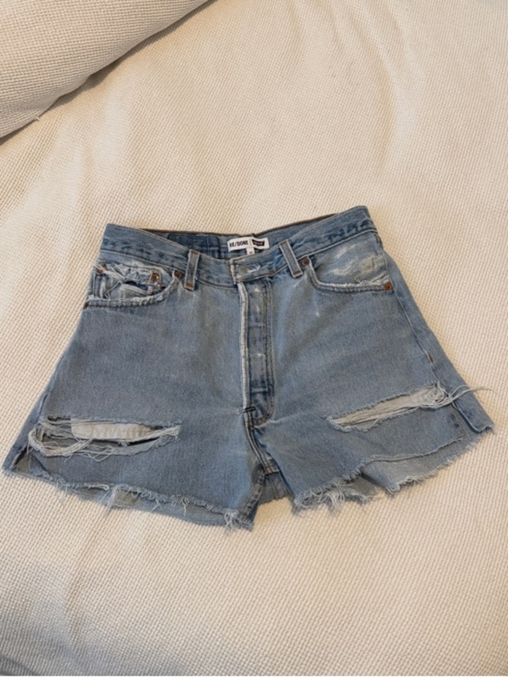 Re/Done Light Blue Distressed High-Waist Denim Shorts
